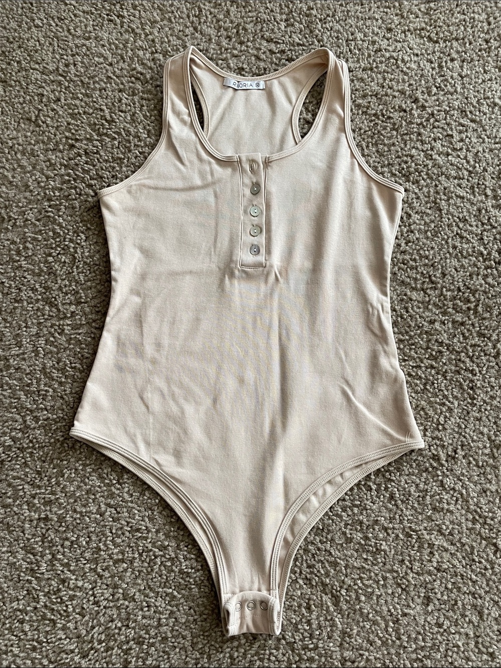 Reoria Beige Ribbed Henley Racerback Bodysuit with Snap Crotch
